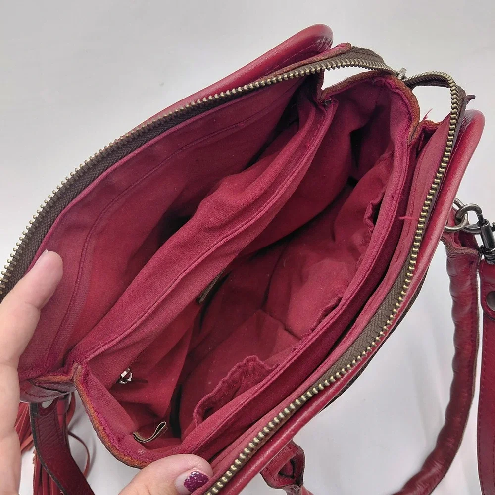 Patricia Nash Red Tooled Leather Satchel Crossbody Bag Floral Cutout Tassel